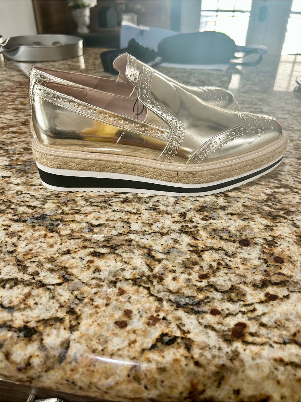 ZARA Metallic Gold Brogue Slip-On Loafers - Picture 3 of 8